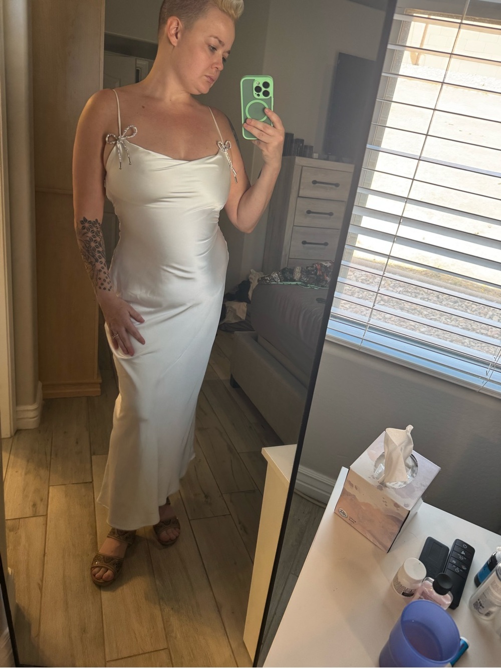 Zara Elegant White Satin Slip Dress with Bow Straps Medium